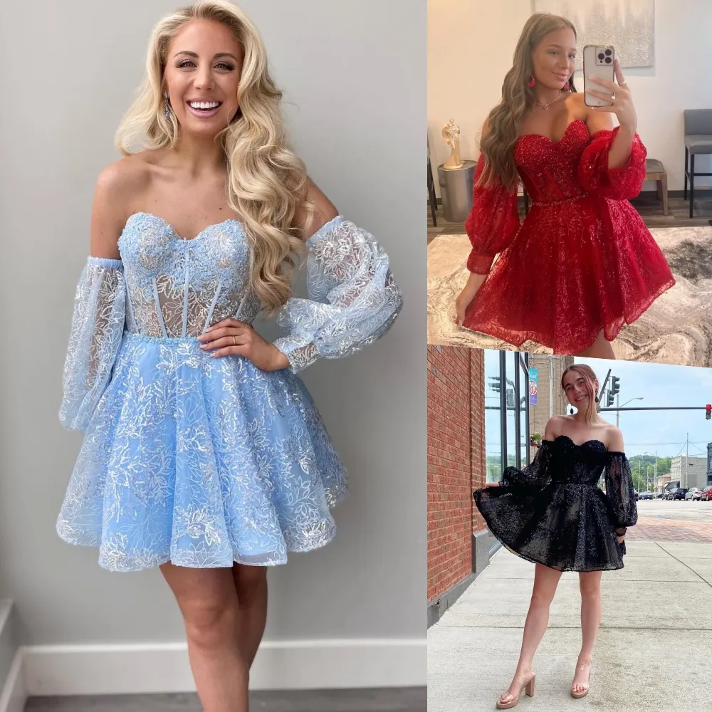 Mini-Cocktailkleid für Silvester 2023, abnehmbare Pailletten, lange Ärmel, formelles Damen-Partykleid, trägerlos, kurz, für Clubabende, Abschlussball, Hoco-Heimkehr, Gala, integriertes Korsett