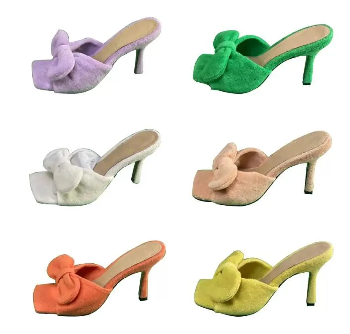 2022 Asciugamano Ciabatte Donna Bowtie Sandali Mulo Punta Quadrata Pantofola Elasticizzata Suola Rubbe Scarpe Tacco Alto Moda Donna Sexy Pompe Sottili Sandalo