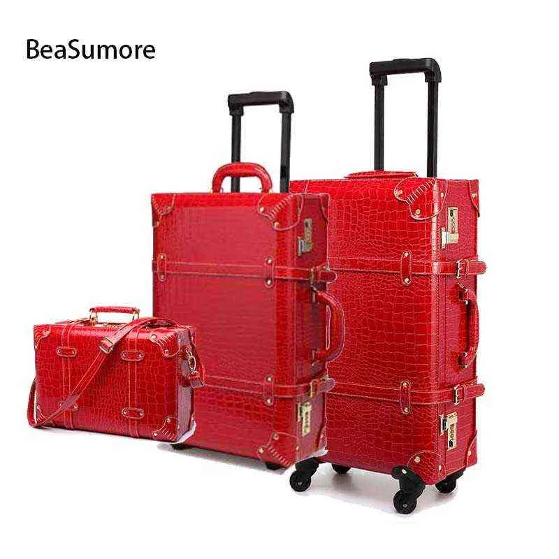 Beasumore Retro Crocodile Pu Leather Rolling Bagage Sets Spinner Women Password Suitcase Wheels Inch Cabin Vintage Trolley J220707