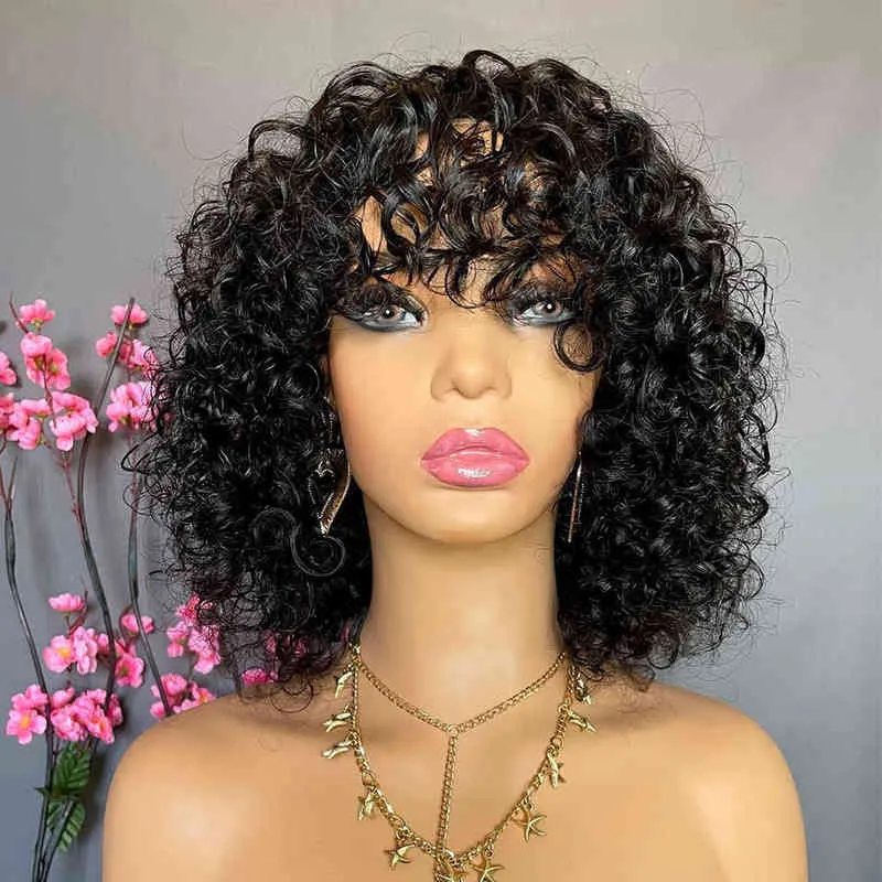 En mänsklig hår peruk med lugg vattenvåg Glueless Full Machine Made Deep Fringe Bob Wigs For Women Virgin Brasilian Pixie Cut 220606