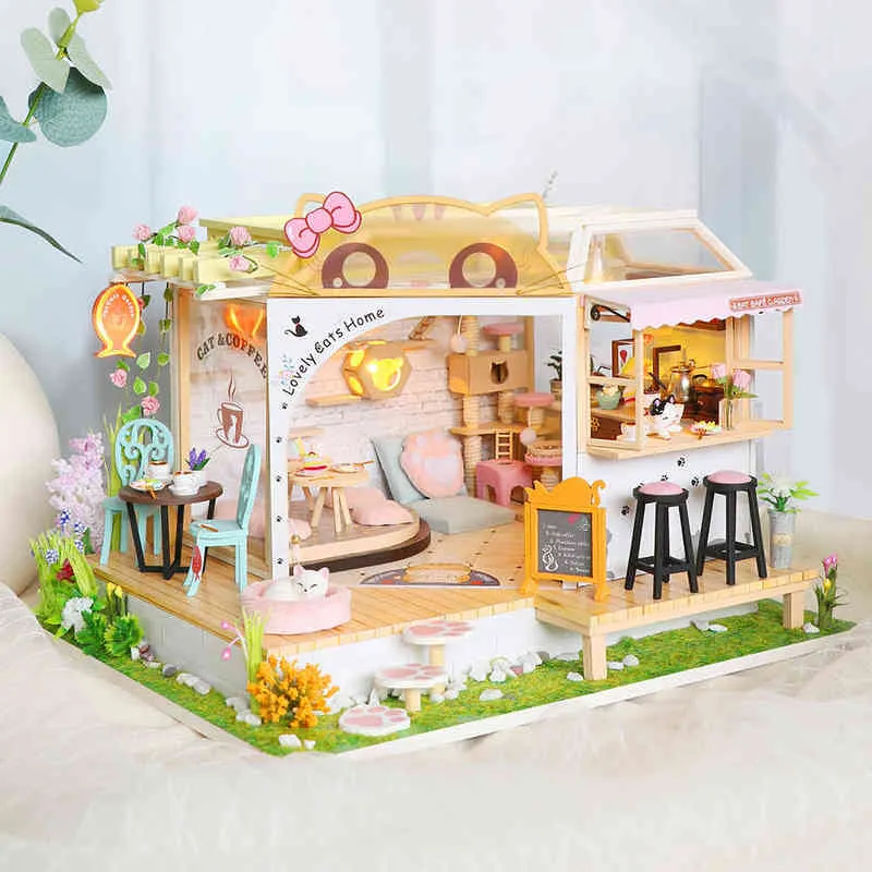 DIY Wooden Dollhouse Zestawy miniaturowe z meblami urocze koty kawa dom do lalki casa zgromadzone zabawki dla dziewcząt prezenty mini mini