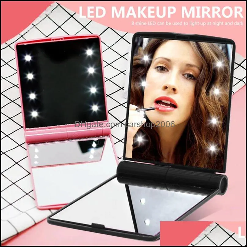 led makeup mirror cosmetic 8 leds folding portable square cosmetics pocket mirrors for women girl mini beauty makeup-tool wll466