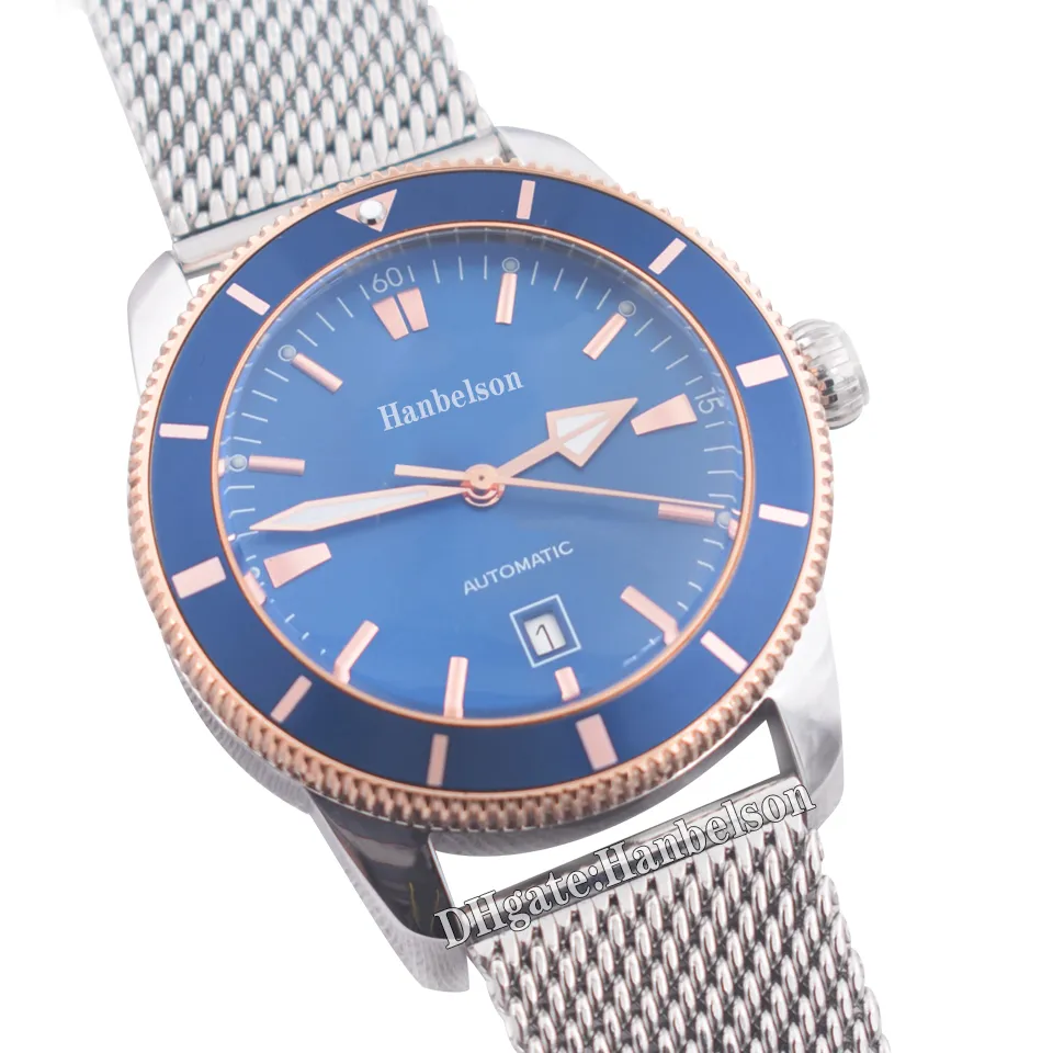 46MM klockor Herr Asia 2813 Automatisk urverk Stålfodral Rose Gold Bezel lysande Blå ansikt Mesh bälte armbandsur