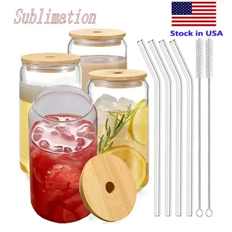 US Warehouse 2 Days Delivery 16oz mugg rak tom sublimering Frosted Clear Transparent Coffee Glass Cup Tumblers med bambu lock och halm SXJUL27