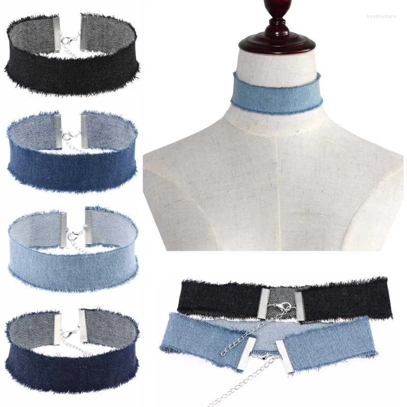 Colliers unisexes Punk larges en Denim pour femmes et hommes, collier gothique simple, noir et bleu, bijoux à la mode, vente en gros, cadeau Heal22