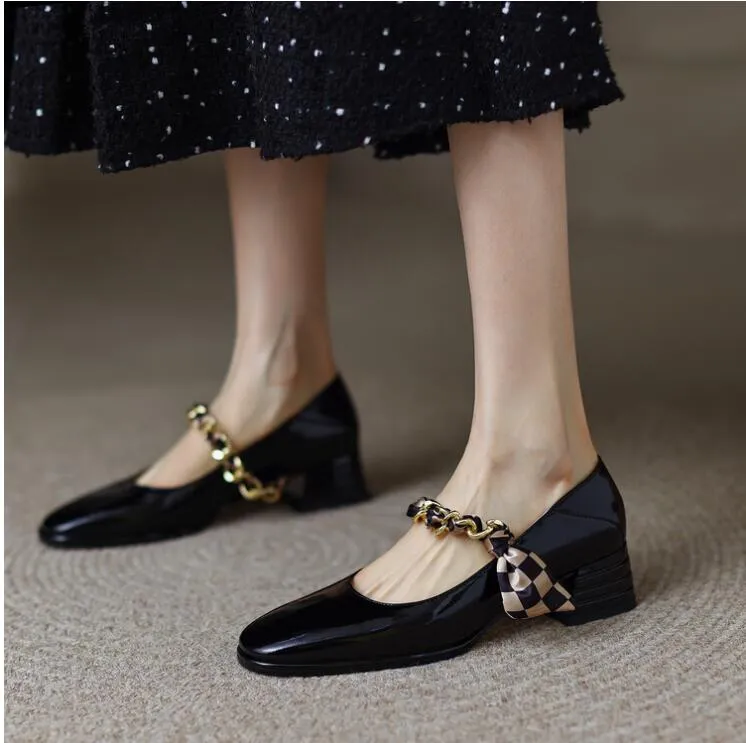 Wine Red Black Mary Jane Shoes Gold Chains Strap Wedding Dress Shoes Lady Pumps Monk Strap Shoe