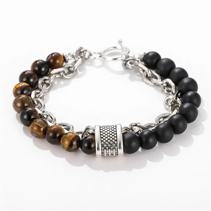 Multilayer 8MM Natural Stone Bead Strands Bracelet Metal Chain Bracelets for Men Gift