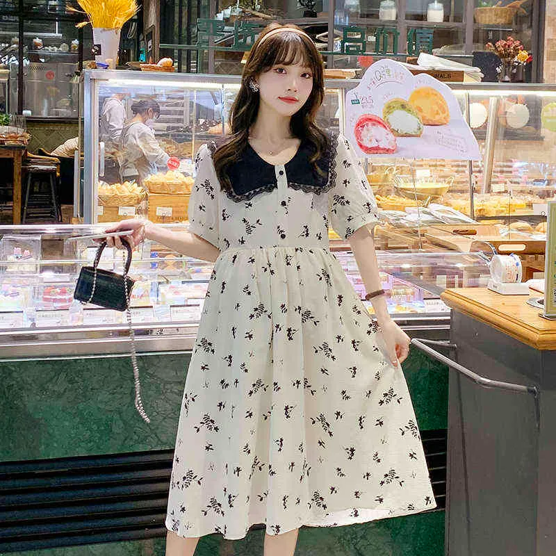 Koreański w stylu Summer W ciąży Piękna sukienka Turndown Kllar krótkie rękawy Modna sukienka macierzyńska Słodka odzież J220628
