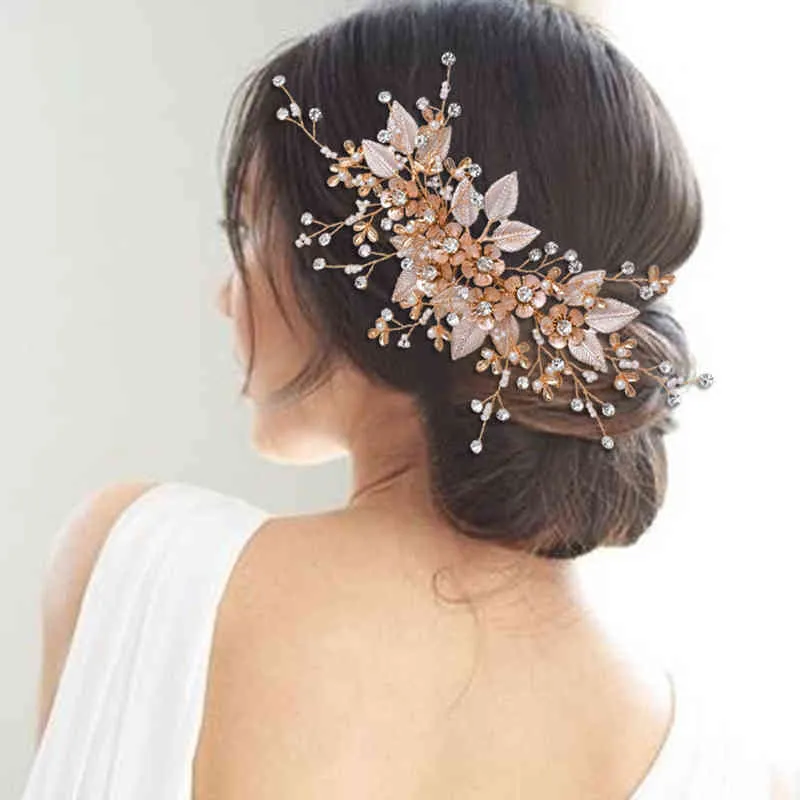 Topqueen HP358 Luxury Rose Gold Bridal Tiara Bröllop Billiga Bridal Comb Rhinestone Alloy Flower Bridal Headpieces för dekoration AA220323