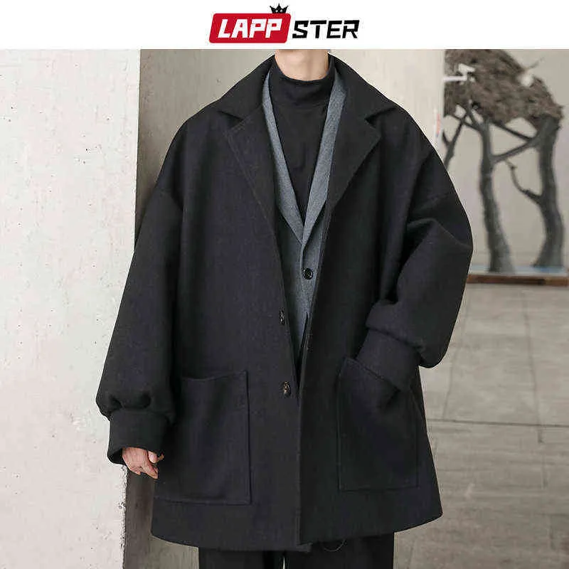 Lappster Men Oversized Men coreano Solid Winter Coat Casat Male machado preto harajuku casaco de trincheira de botão de flanela e casacos 201120 T220810