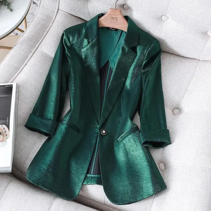 ビジネスハーフスリーブフィットブレザーはサテンの女性の夏の韓国風のレトロなスーツのコート女性のシックなオフィスのベーシックソリッドを模倣します
