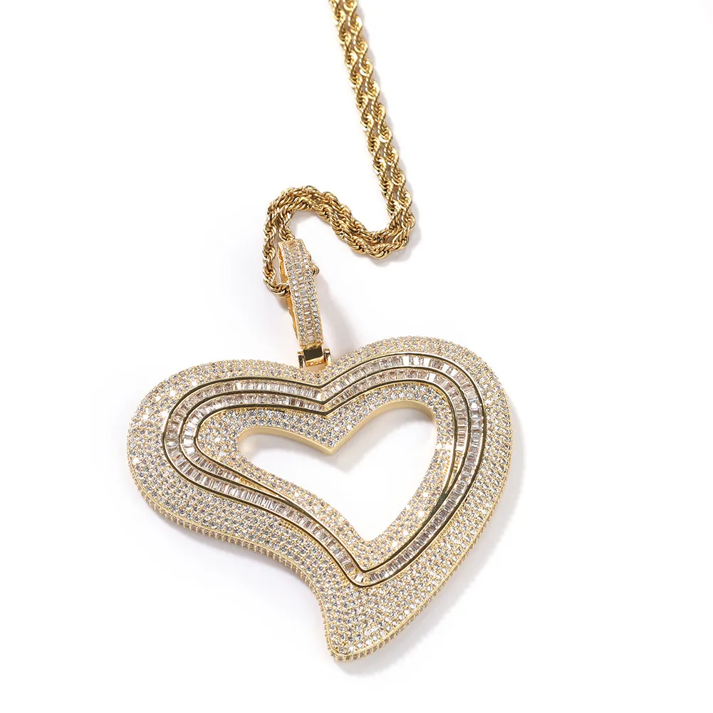 Collana con ciondolo da donna Hiphop Catena in acciaio inossidabile da 24 pollici Placcatura in oro 3A Cubic Zirconia Collane con ciondoli a cuore grande irregolare per uomo Collana da donna Hip Hop