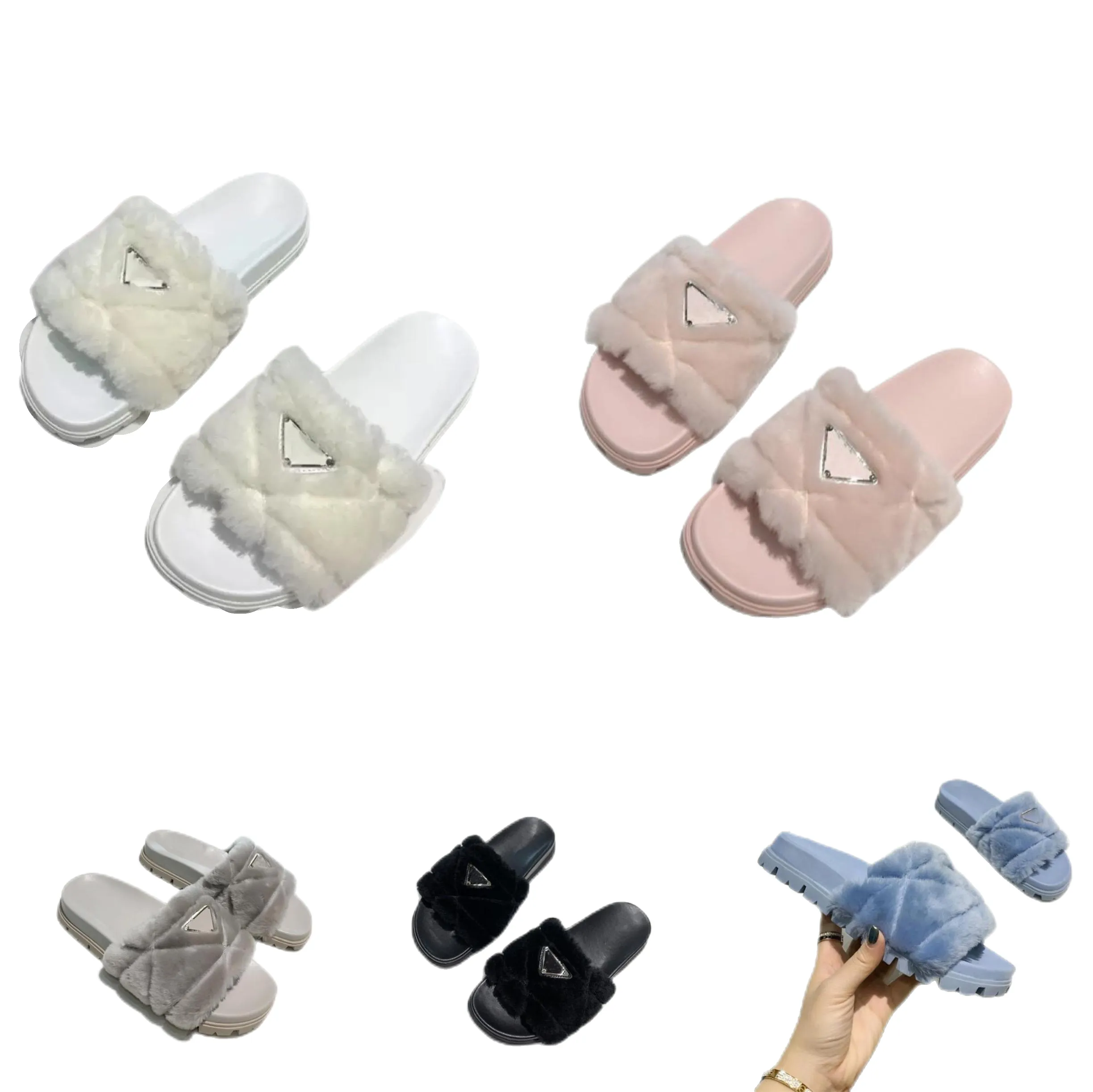Novos chinelos de pelúcia com sola grossa e design de logotipo triangular sapatos de lã de borracha de luxo botas quentes versáteis e quentes para uso externo tamanhos 35-40