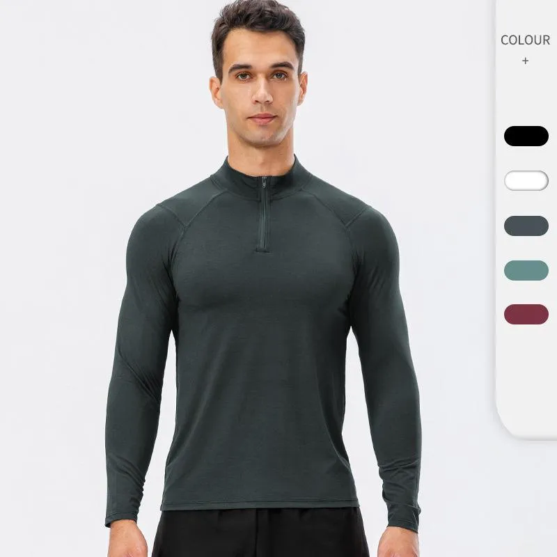 Camisetas masculinas outono masculino e fitness de fitness de manga comprida secagem de seco de secagem de trajamento semi-zíper do seu zíper para camisola de treinamento