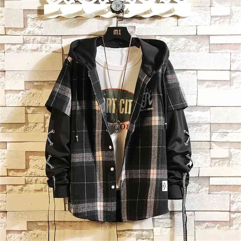 Aangekomen plaid hoodie sweatshirt mannen flanel fleece stijl hiphop high street casual vest met lange mouwen 210924