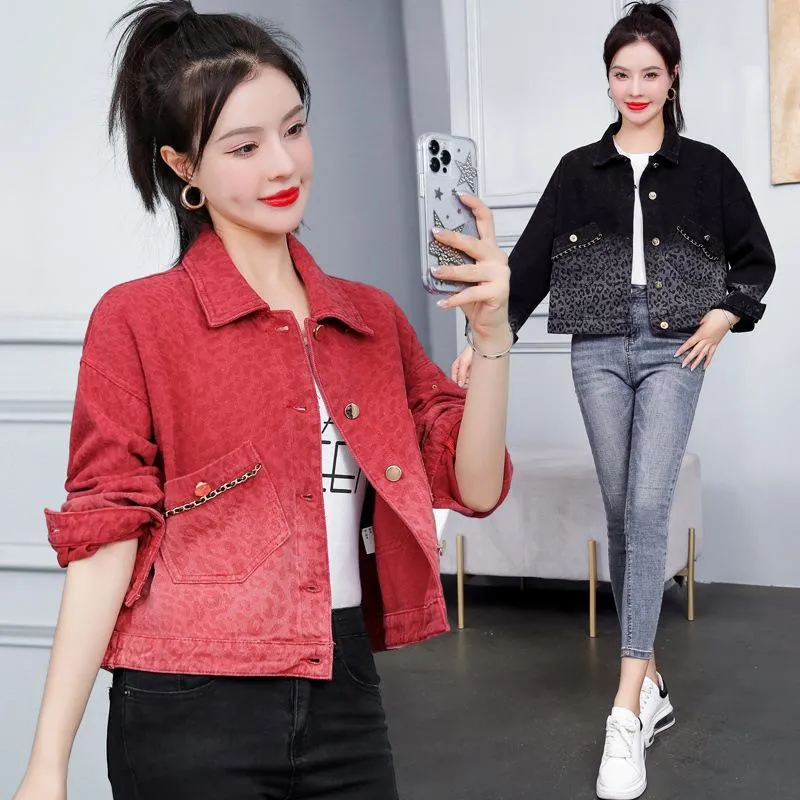 Vestes pour femmes Real S 2022 début printemps dégradé veste en jean féminin coréen haut court ample rouge femmes