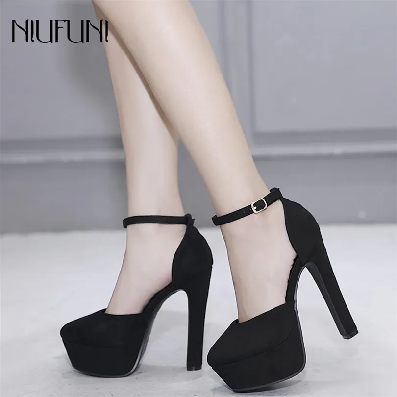 2019 Spring Autumn Suede Shoes Women Fashion High Heels 14cm Spike Heels Ankel Strap Black Beige Platform Pumps Party Shoes CJ191217