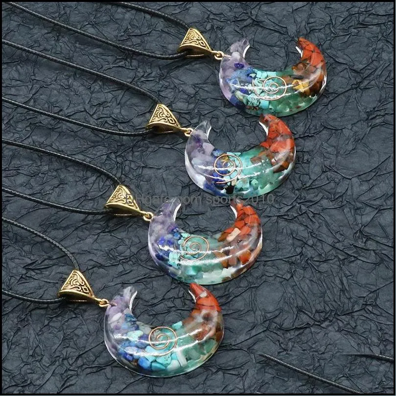 coated resin colorful stone beads crescent moon pendant necklace healing jewelry for men men rope chain