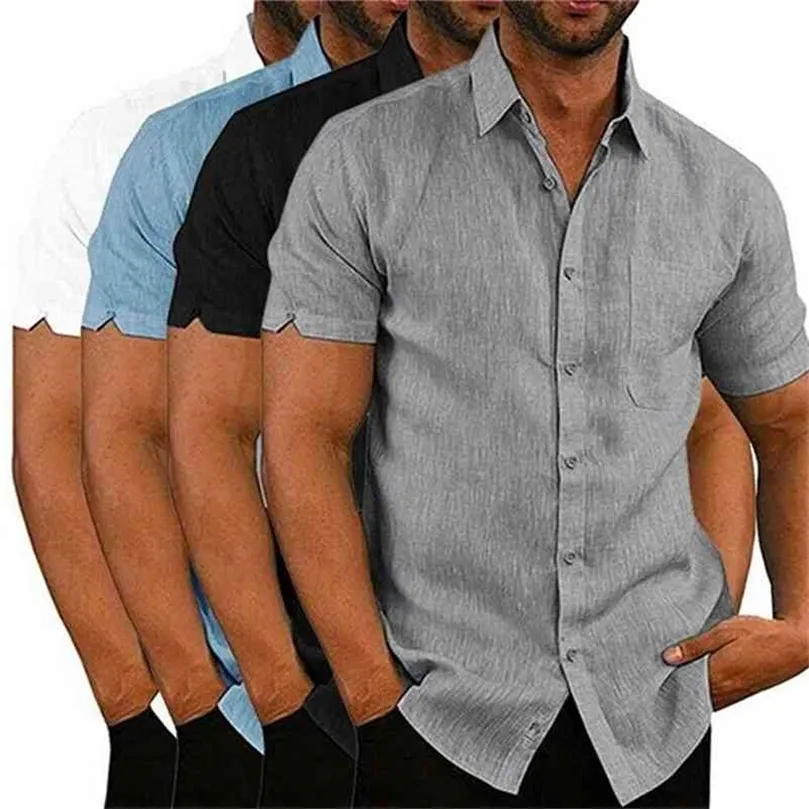 Men's Shirts Blouse Short Sleeve Men Casual Slim Fit Mandarin Collar Shirts High Quality Summer Beach Shirt 210701