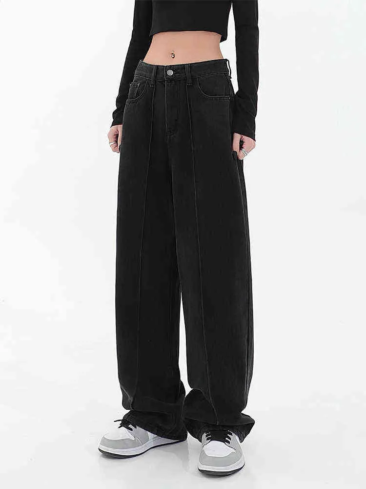 2022 Autumn Fashion Vintage Kobiety HARAJUKU Dżinsy szerokie loda luźne luźne czarne dżinsowe spodnie w lupgy długie spodnie Dwieilen tij l220726
