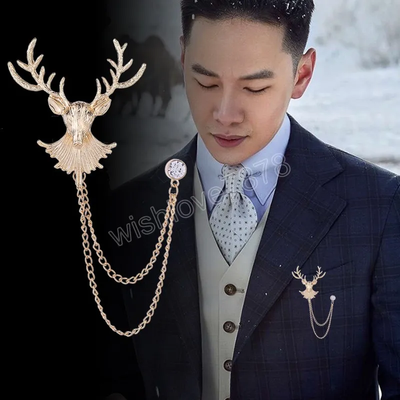 Korean Fashion Metal Animal Elk Brooch Pins Rhinestone Tassel Chain Men's Suit Shirt Corsage Clothing Jewelry Accessories