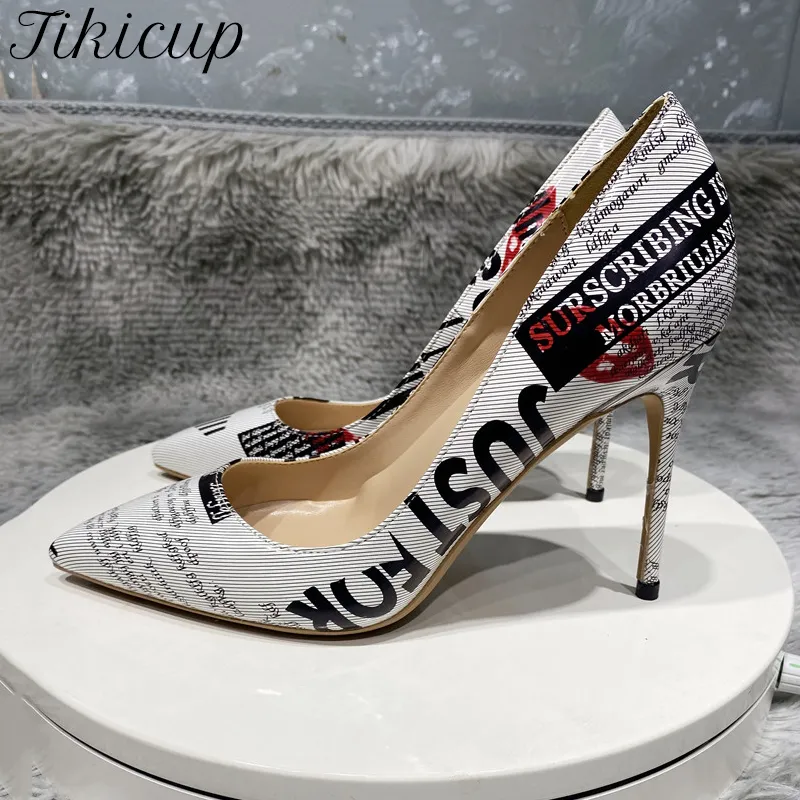 Tikicup spaper Printed Women Patent Pointy Toe High Heel Shoes Fashion Designer Ladies Slip On Stiletto Pumps 8cm 10cm 12cm 220402