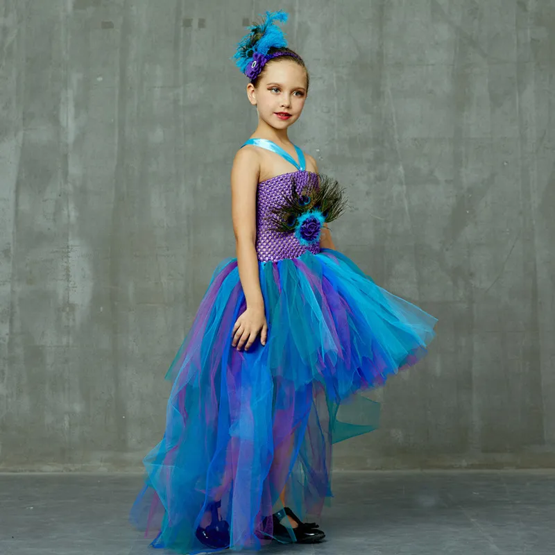 Peacock Tutu Costume Dress Child Girls Pageant Prom Ball Gown Princess Peacock Feather Halloween Birthday Party Train Dress (12)