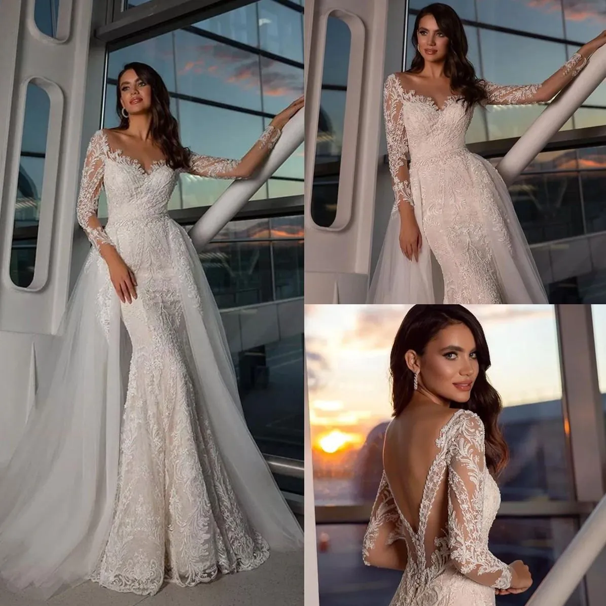 Elegant Lace Mermaid Wedding Dresses With Detachable Train Full Sleeve Bridal Gowns Fishtail Custom Made Marriage Gown