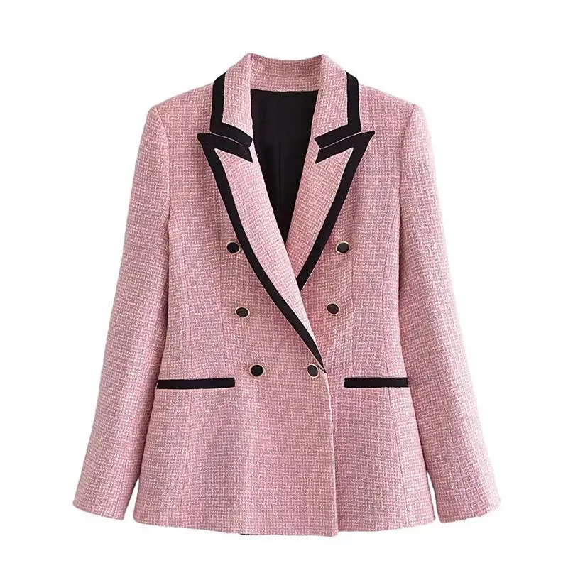 Damenanzüge Blazer Blazer Frauen Rosa Tweed Jacken Frau Herbst Zweireiher Weiblich Elegant Strukturiert Langarm