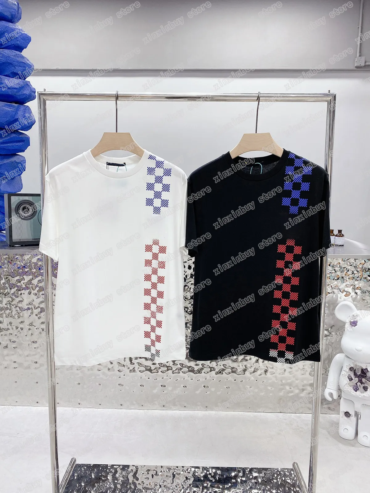 22ss Men Designers t shirts tee Gradient Plaid print short sleeve Man Crew Neck paris Streetwear white black xinxinbuy XS-L