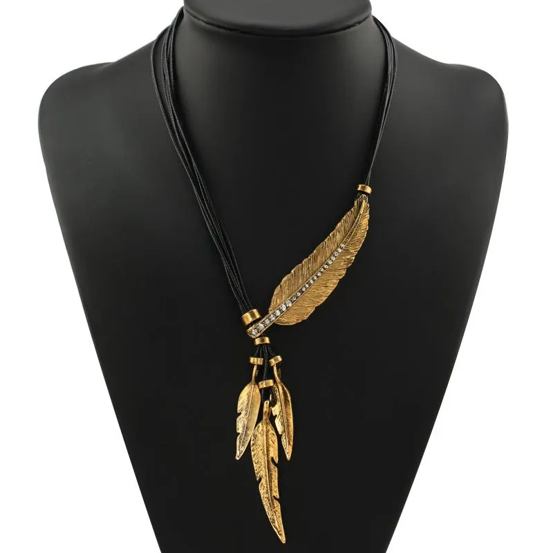 Pendant Necklaces Black Rope Leaf Feather Necklace For Women Trendy Bohemian Jewelry Gold Color Female Choker Collares