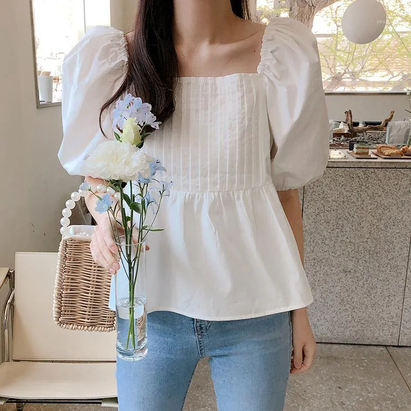 여성용 블라우스 셔츠 한국 스타일 스퀘어 넥 블라우스 2022 퍼프 반소매 루즈 숙녀 여성 Femme Stitching Summer Tops 15091