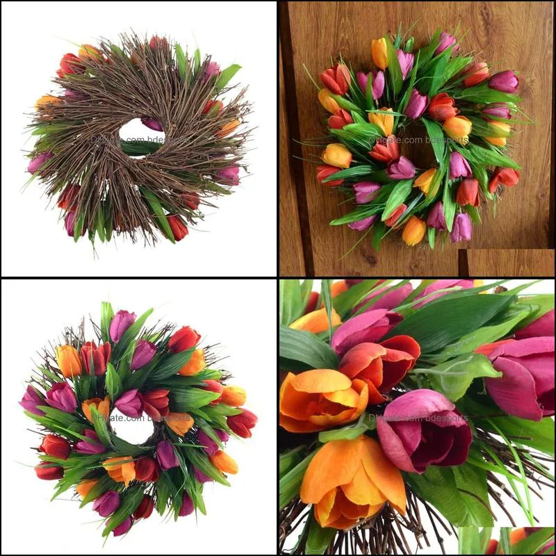 Decorative Flowers & Wreaths 35cm Spring Artificial Tulip Front Door Wreath Home Window Wall Hanging Party Decoration Mothers Day