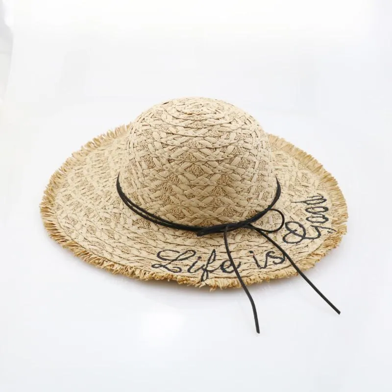 قبعات واسعة الحافة القبعات الصيفية نساء الأطفال رسائل تطريز القش شمس مع شريط الشريط شاطئ قبعة الأشعة فوق البنفسجية حماية raffia hatswide