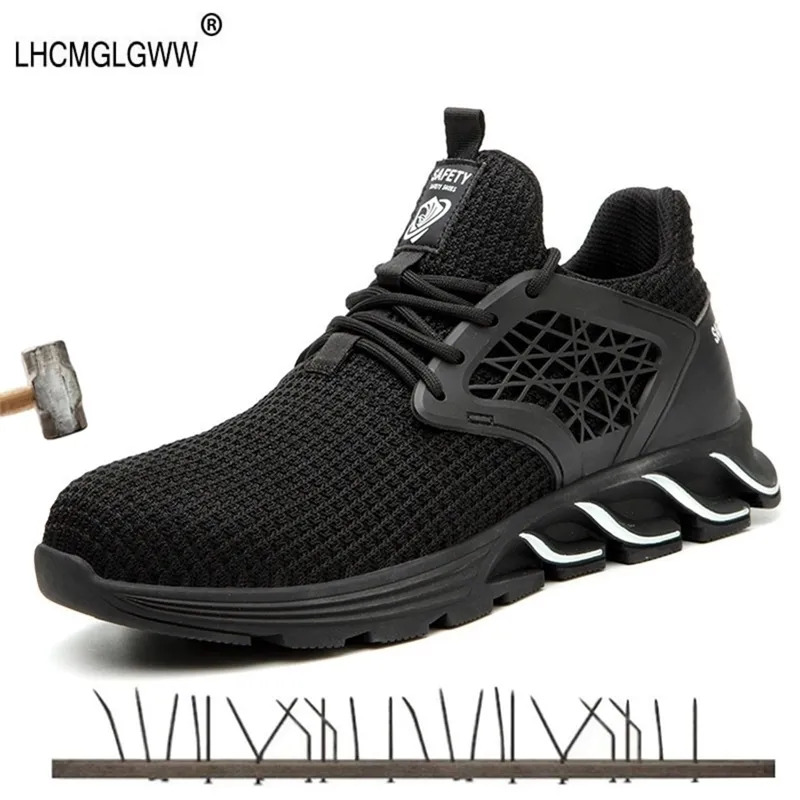 men punctureresistant Steel toe caps safety black Mesh cloth wearresistant breathable mens work shoes boots Y200915