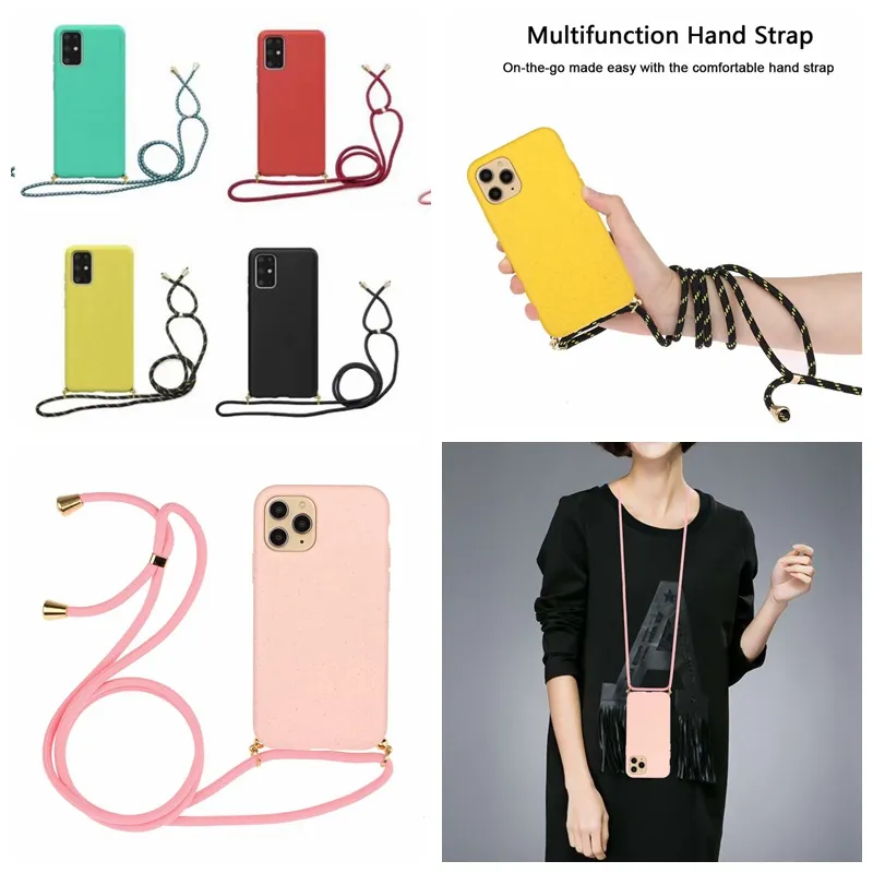 2,0 mm Soft TPU -fodral för iPhone 14 Pro Max 13 12 11 X XR XS Max 8 7 6 Telefon14 iPhone14 Fashion Smart Mobile Cell Phone Back Hud Cover med Crossbody Shoulder Lanyard Strap