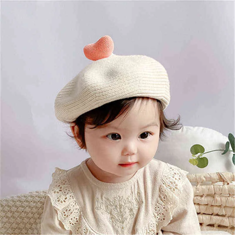 Autumn Winter Children Sticked Basker Baby Painter Hat Cute Heart Bernat French Artist Warm Wool Hats For Girls 2021 Korea Fashion J220722