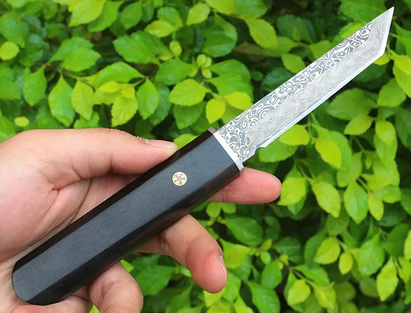 Hoge Kwaliteit Survival Rechte Mes VG10 Damascus Staal Tanto Point Blade Ebbenhouten Handvat Vaste Mes Messen Met Houten Schede