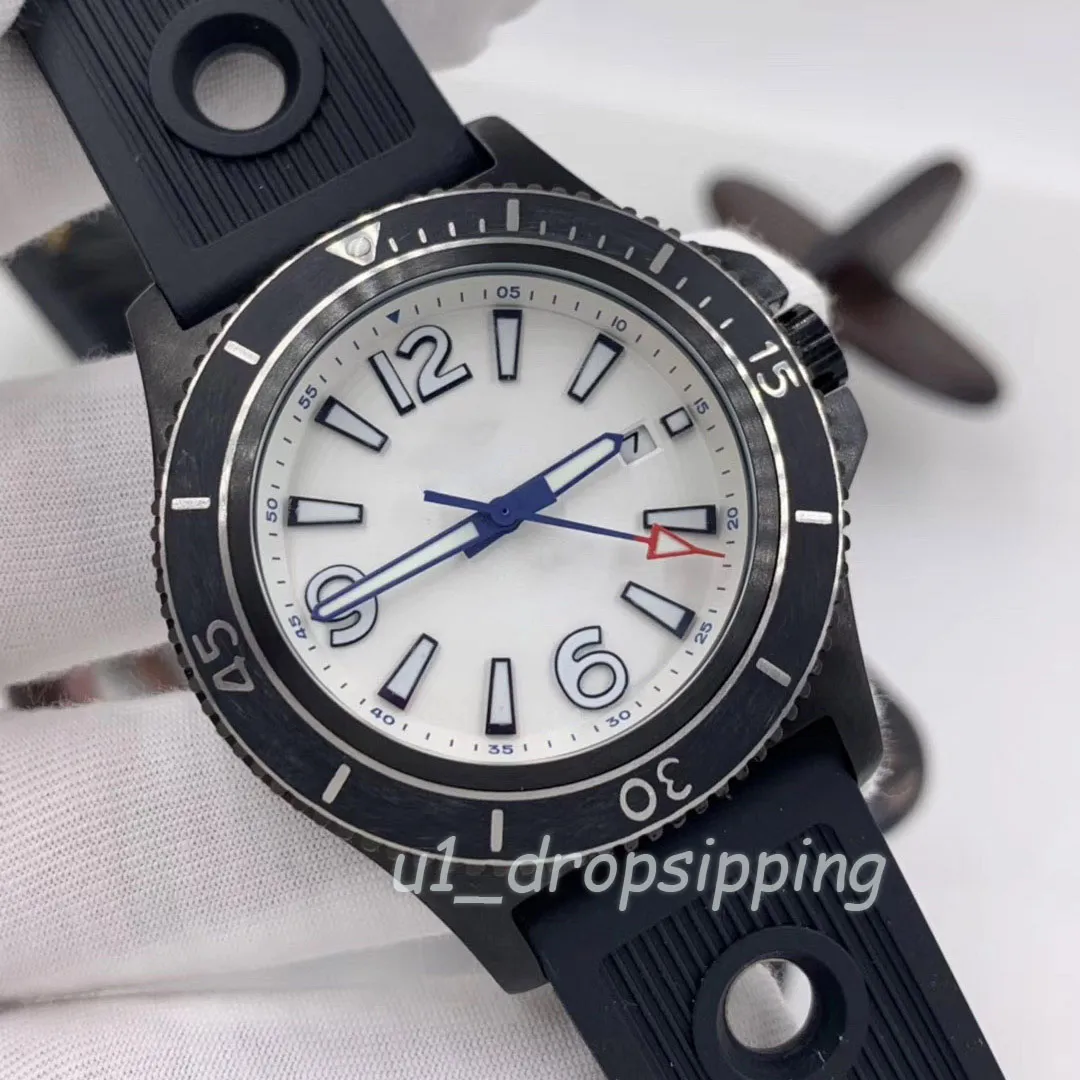 Dropshipping - Mekanik İzle Erkek Saatler 46mm büyük beyaz kadran Kauçuk Kayış Dönebilen Çerçeve Moda kol saati
