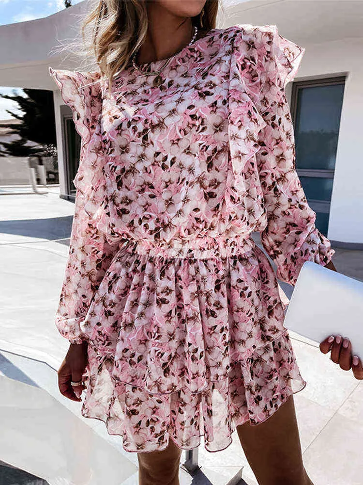 Vårblommor tryck ruffles klär kvinnor avslappnad blomma lång ärm en linje klänningar kvinnlig kort fest vestidos 2022 clearance försäljning g220510