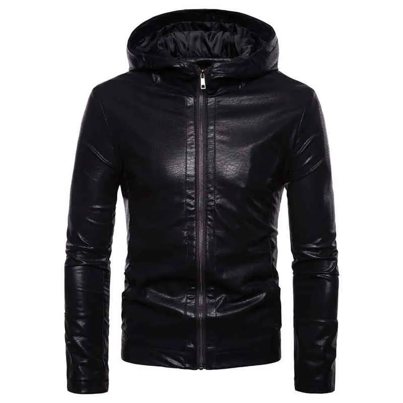 Hommes Automne Hiver Moto Veste En Cuir Oversize XXL À Capuche Faux Cuir Biker Veste Garçons Survêtement Coupe-Vent Noir Manteau L220725