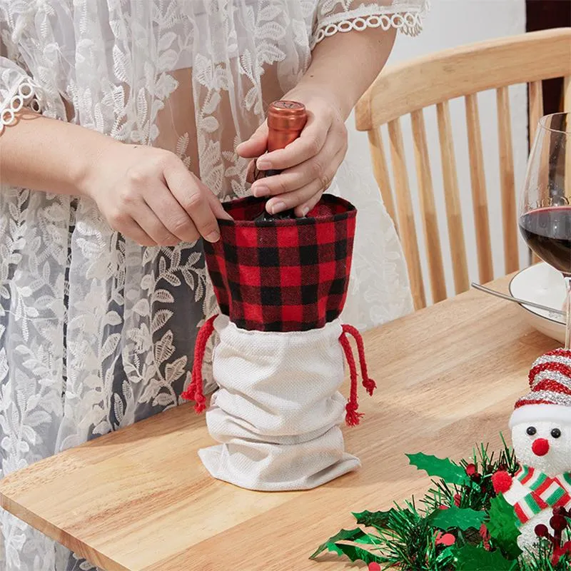 Sublimation Christmas Wine Bag Printed  Plaid Line Wines Bags Cotton Linen Drawstring Packets Customized Christmas Day Decoration