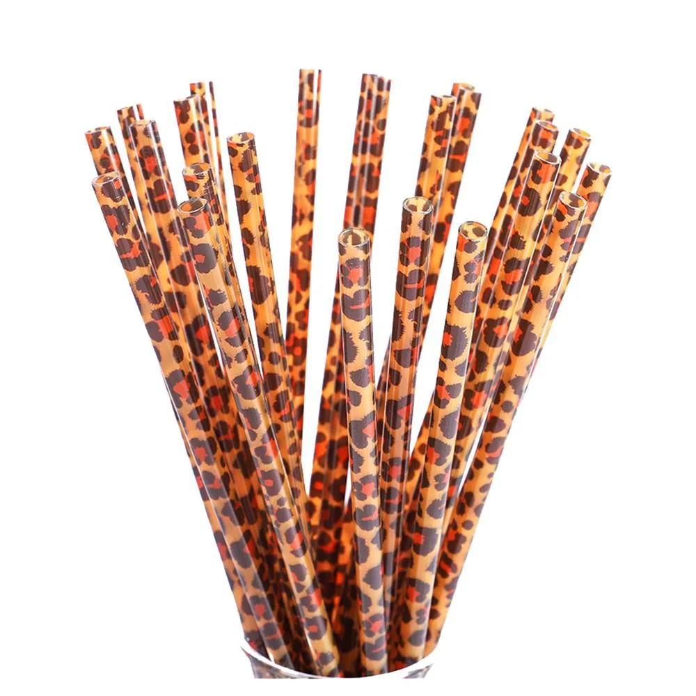 9*2.75inch Plastic Brown Leopard Drinking Straws Fashion Printing Straight Straw Reusable Restaurant And Bar Supplies