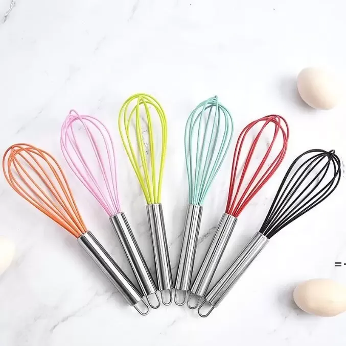 Batidor de huevos, herramientas de cocina, Mini batidor de silicona de acero inoxidable de 10 pulgadas de Color sólido para utensilios de cocina antiadherentes