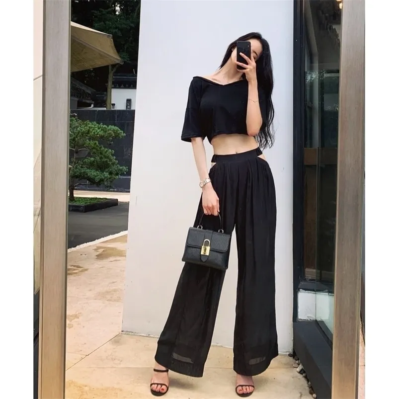 2020 Two Piece Set Women Summer Crop Top Wide Leg Pants Elegant Ensemble Femme Office Ladies Black Suits Casual Women Clothing LJ201125