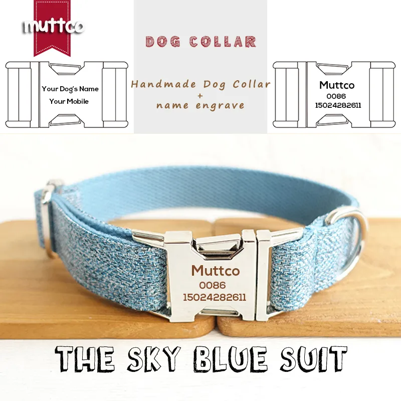 Collar de perro antipérdida MUTTCO, collar ajustable para mascotas, conveniente para pasear al perro, EL TRAJE AZUL CIELO, etiqueta de identificación personalizada, 5 tamaños, UDC071 201030