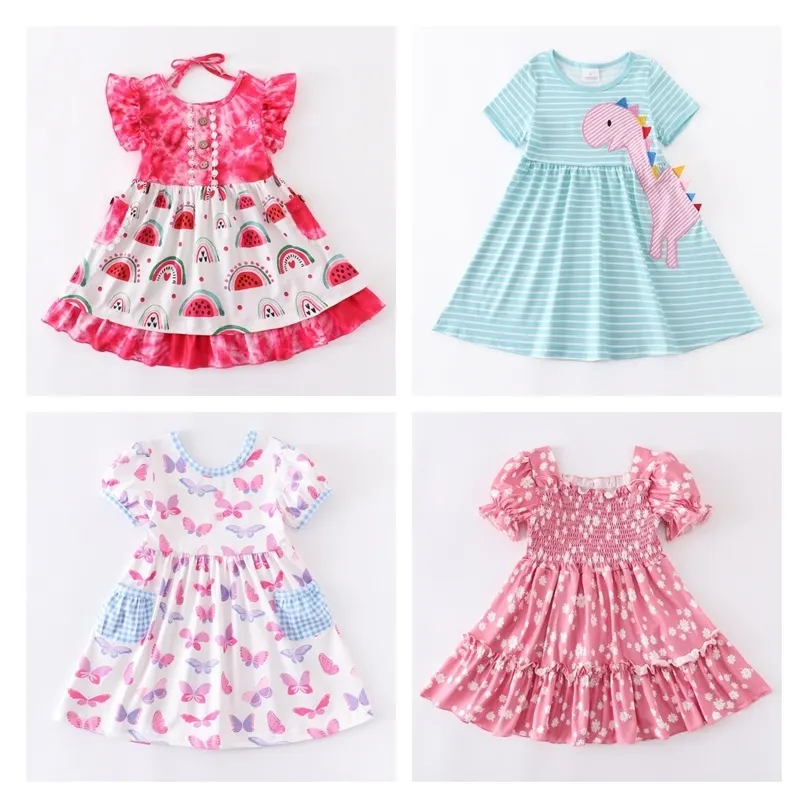 Girlymax SpringsummerBaby Girls Kids Boutique Clothing Children Ruffles Dress dressed Smocked Floral Milk Silk膝の長さ220519