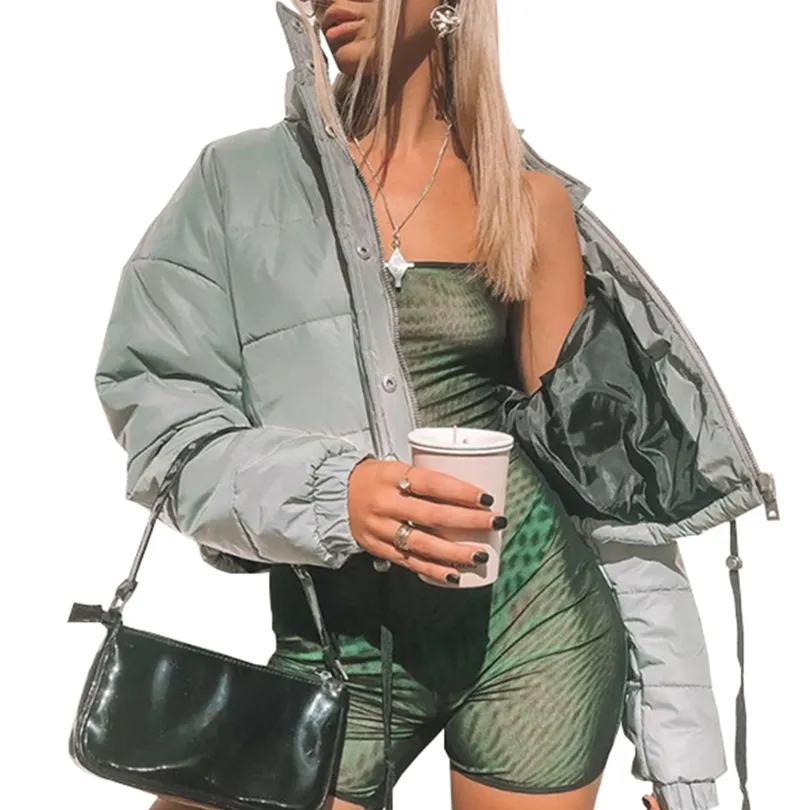 2019 Kvinnors höftlängd pufferjackor reflekterande solid grå blixtlås Knapp Winter Coat Långärmad bomull Slim Bolero för kvinnor T200319