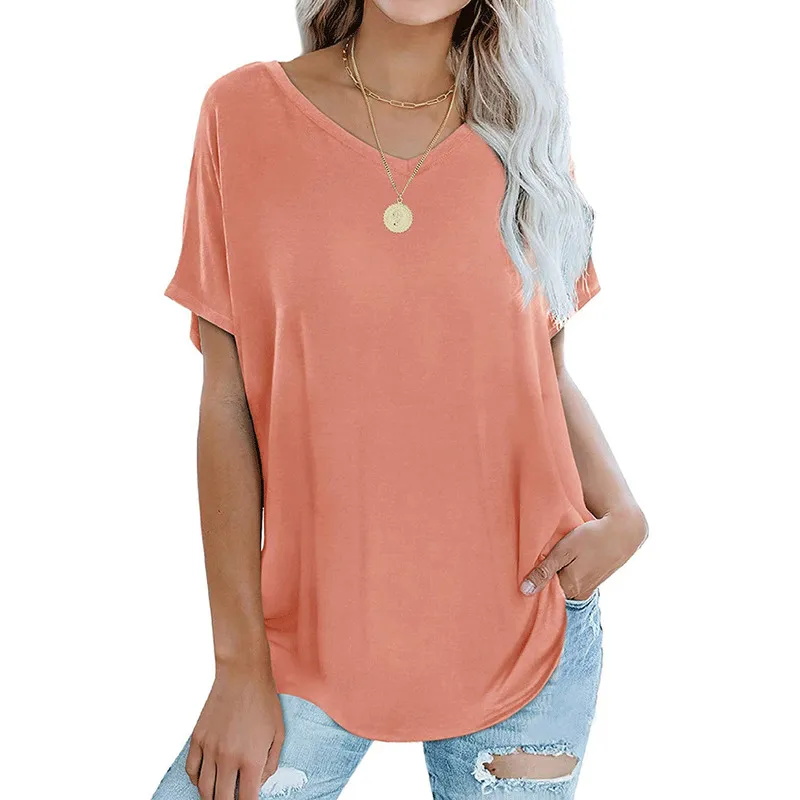 Kvinnor Casual V-ringning Kort ärm Pullover Solid Color T-shirt damer Lossa Summer Tee Tops Women's Clothing Street Shirts