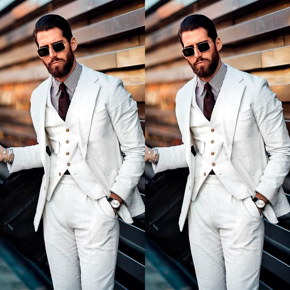 White Men Wedding Tuxedos Slim Fit Groom Dinner Business Evening Suit Birthday Party Wear Blazer 3 Pieces